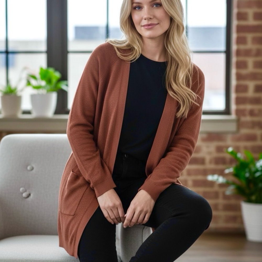 CYRUS Ribbed Open Long Line Knit Cardigan Front Patch  Pockets Long Sleeve